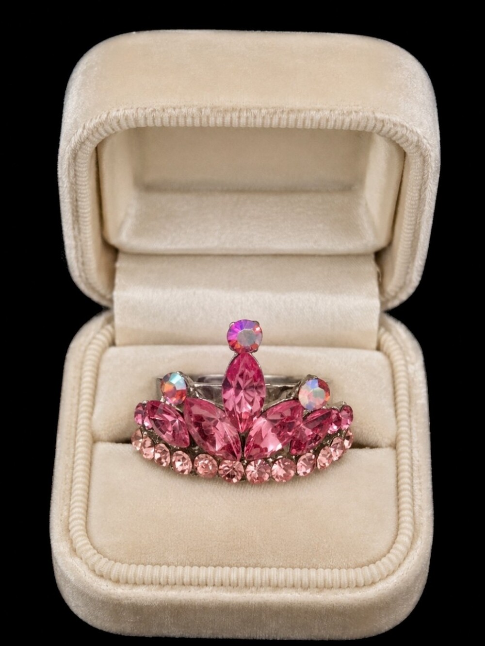 Pink Crystal Rhinestone Tiara Crown Large Size Ring Adjustable Queen Princess